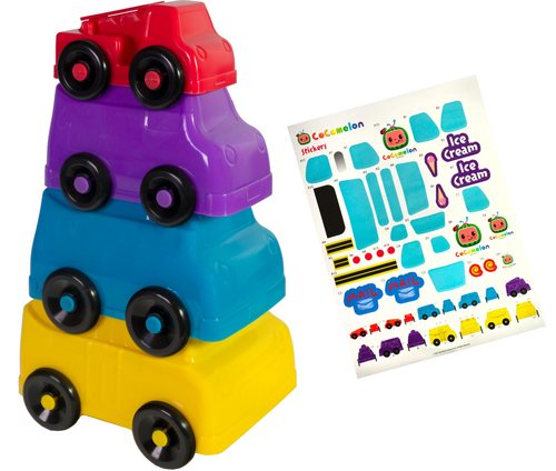 מגדל 4 מכוניות פלסטיק קוקומלון בצבעים וגדלים שונים עם דף מדבקות 