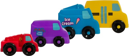 מגדל 4 מכוניות פלסטיק קוקומלון בצבעים וגדלים שונים עם דף מדבקות 