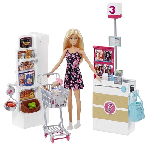 ברבי בסופרמרקט עם עגלת קניות, דלפק קופאית ויותר מ 25 אביזרי משחק