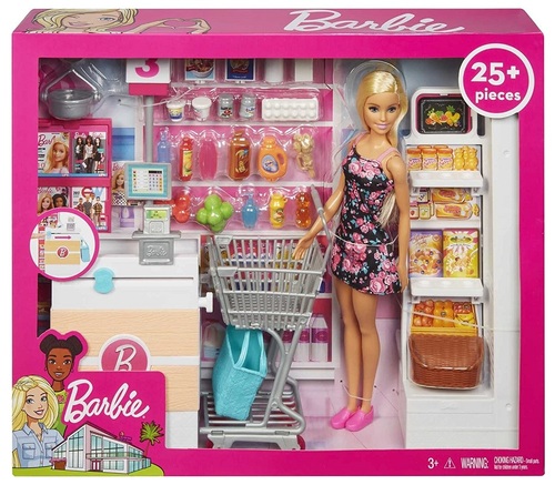 ברבי בסופרמרקט עם עגלת קניות, דלפק קופאית ויותר מ 25 אביזרי משחק