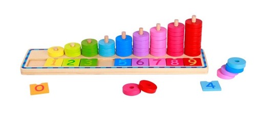 משחק ערימת מטבעות צבעוניים מעץ עם ספרות ללימוד מספרים וצבעים 