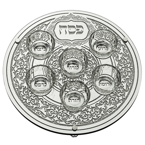 מגש פסח זכוכית מהודר עם 6 בומצים 36 ס