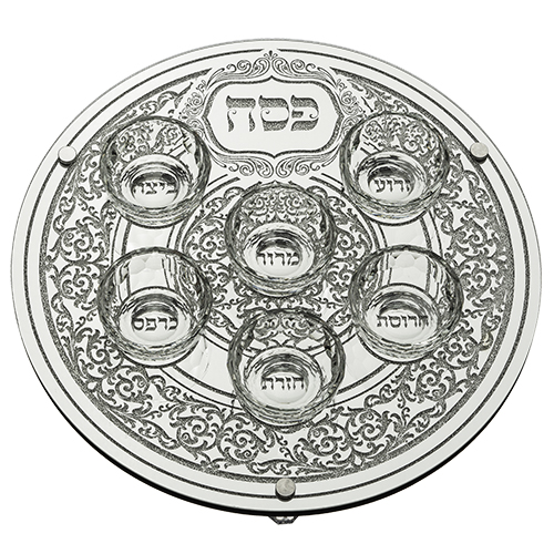 מגש פסח זכוכית מהודר עם 6 בומצים 36 ס"מ