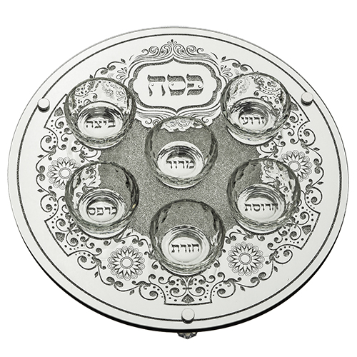 מגש פסח זכוכית מהודר עם 6 בומצים 36 ס"מ