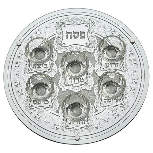 מגש פסח זכוכית מהודר עם 6 בומצים 40 ס"מ
