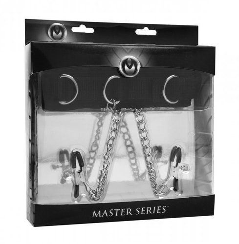קולר קינקי שחור דמוי עור עם מצבטי פטמות XR Brands - Submission Collar and Nipple Clamp 