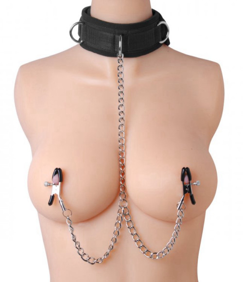 קולר קינקי שחור דמוי עור עם מצבטי פטמות XR Brands - Submission Collar and Nipple Clamp 