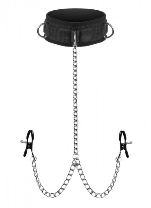 קולר קינקי שחור דמוי עור עם מצבטי פטמות XR Brands - Submission Collar and Nipple Clamp 