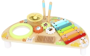 מרכז פעילות מוזיקלי לפעוטות עם מגוון כלי הקשה כולל מקלות תיפוף לגילאי שנתיים ומעלה