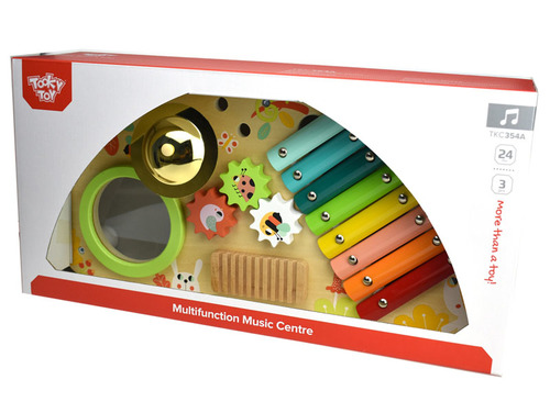 מרכז פעילות מוזיקלי לפעוטות עם מגוון כלי הקשה כולל מקלות תיפוף לגילאי שנתיים ומעלה