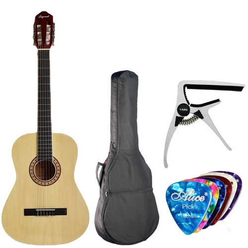 *חבילת גיטרה קלאסית*- גיטרה קלאסית בצבע טבעי בהיר + תיק + קאפו + טיונר + 6 מפרטים