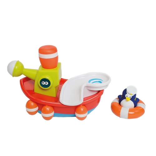 סירת מים גדולה עם אורות ומוסיקה שמשפריצה מים כולל דמות פינגווין משפריץ וגלגל הצלה