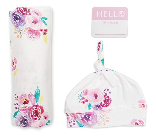 מארז Hello World - סט כובע, חיתול במבוק ותג שם - פרחוני