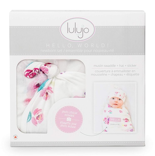 מארז Hello World - סט כובע, חיתול במבוק ותג שם - פרחוני