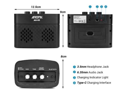מגבר נייד עם BLUETOOTH לגיטרה חשמלית AG-05 בצבע שחור מבית Aroma