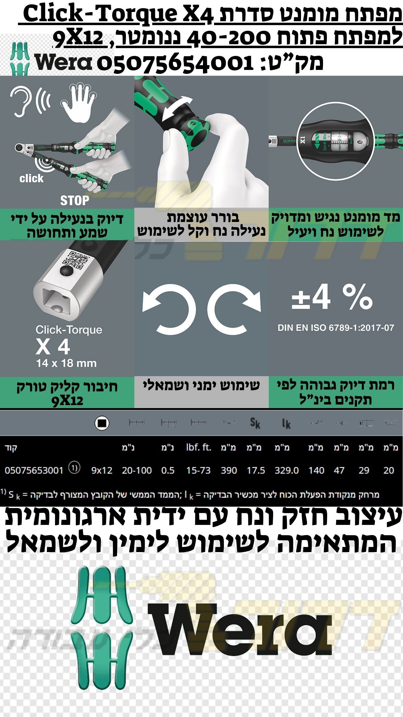 מפתח מומנט סדרת "קליק טורק" למפתח פתוח 40-200 ננומטר, 9X12 Click-Torque X4 05075654001