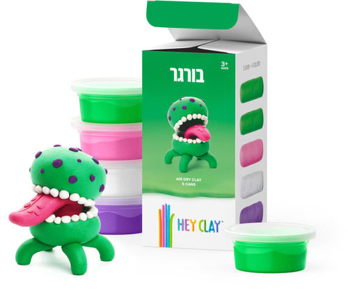 ערכת יצירה קטנה של חימר אוורירי ורך ליצירת דמות בורגר מסדרת חיזרים, כולל אפליקציה ייעודית 