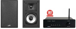 מערכת סטריאו הכוללת זוג רמקולים מדפיים POLK AUDIO MXT15 ומגבר סטריאו מבית TANGENT דגם AMPSTER BT II