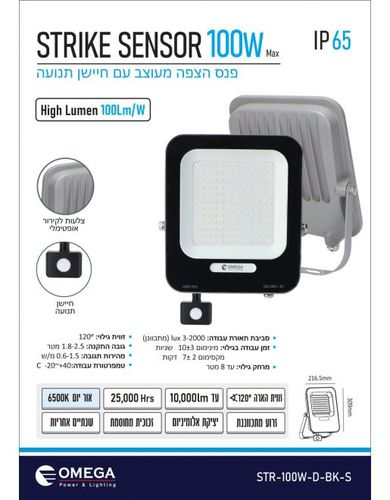 פנס הצפה מעוצב עם חיישן תנועה  STRIKE 100W