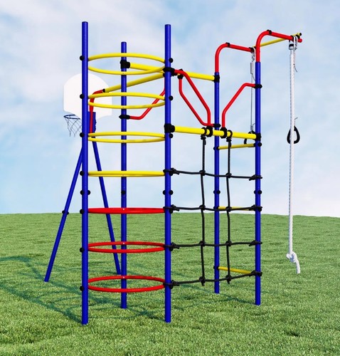 מתקן ספורט נינג'ה הכולל סולם, סולם חבלים, סולם טבעות, טבעות התעמלות, חבל טיפוס וסל - דגם PRO MAX 6