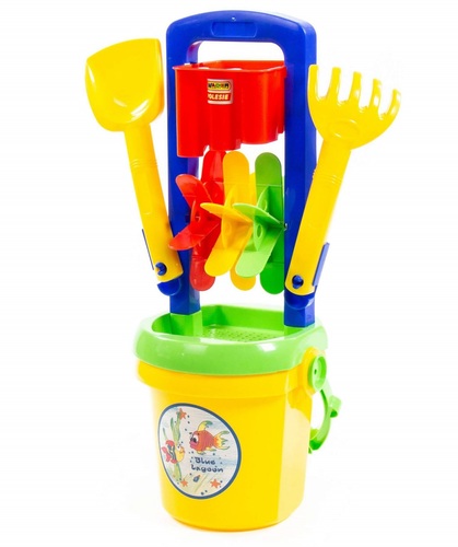 סט 4 חלקים למשחקי ים ובריכה - דלי עם ידית, שבשבת חול וכלי משחק