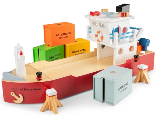 ספינת משא לילדים מעץ עם גלגלים ו 4 מכולות משא