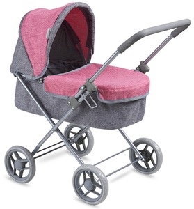 עגלת בובה 4 גלגלים עם סל שכיבה My Doll Carrycot - ורוד/אפור