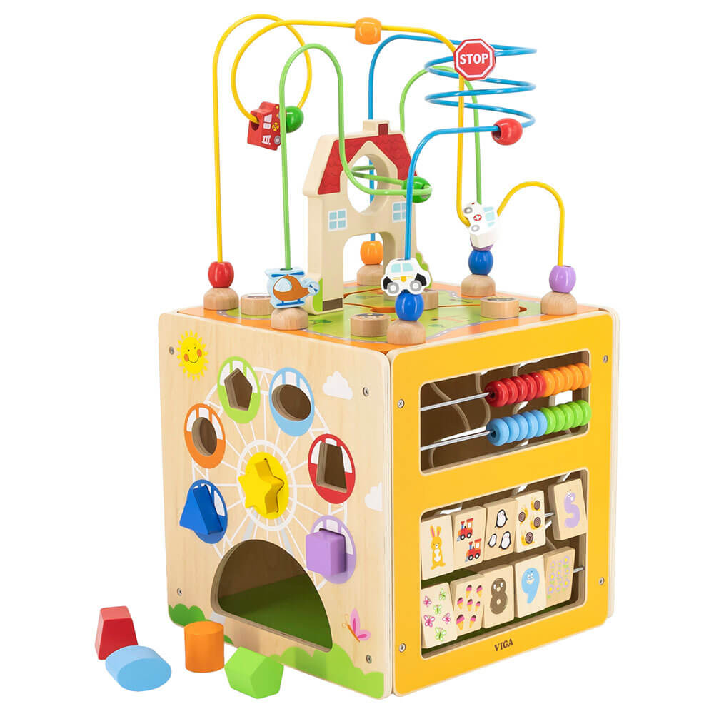 קוביית פעילות מעץ מבוך חרוזים