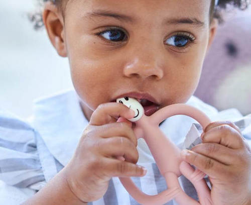 נשכן קופיף עם מברשת שיניים הראשונה מסיליקון רפואי - ורוד/זנב לבן