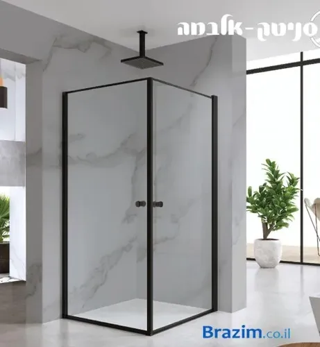 מקלחון פינתי דגם אלבמה מבית סניטק עם זכוכית מחוסמת בגימור שחור, מתאים לחללים יוקרתיים.