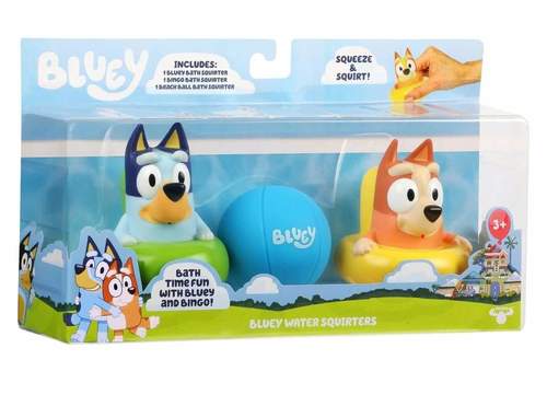 סט משחקי אמבט הכולל כדור רך ושתי דמויות של בלואי ובינגו בגלגלי ים משפריצים מים 