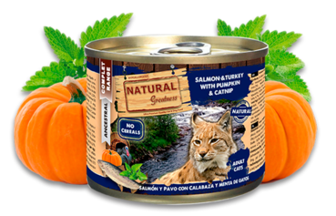 שימור נטורל גרייטנס לחתול בוגר סלמון והודו salmon and turkey - במשקל 200 גרם