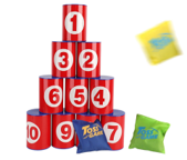 משחק הפלת פחיות מפלסטיק + 3 שקיות שעועית