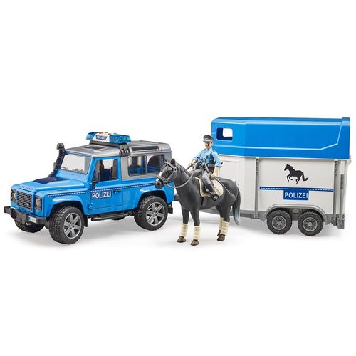 ג'יפ לנד רובר דיפנדר משטרה + גורר סוס ושוטר - BRUDER Land Rover Police 02588