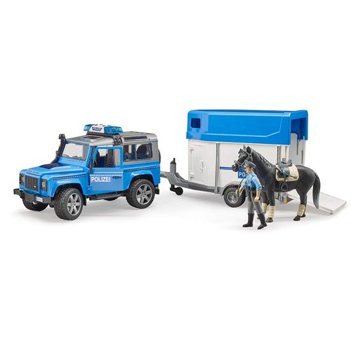 ג'יפ לנד רובר דיפנדר משטרה + גורר סוס ושוטר - BRUDER Land Rover Police 02588