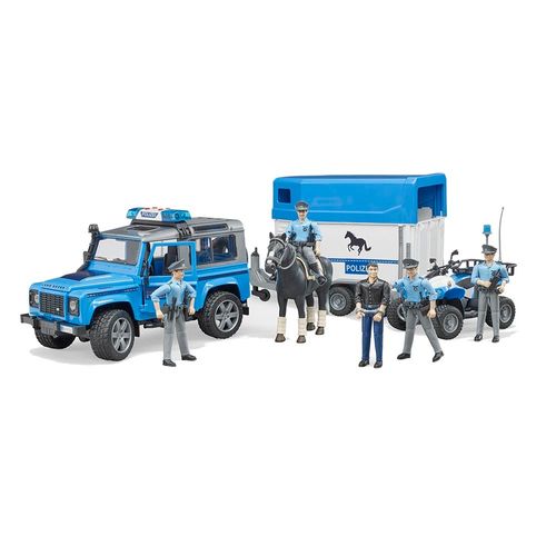 ג'יפ לנד רובר דיפנדר משטרה + גורר סוס ושוטר - BRUDER Land Rover Police 02588