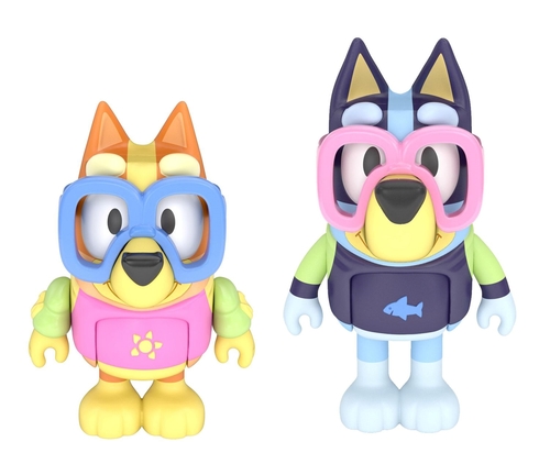 זוג דמויות עם גפיים זזות של בלואי, אחותה בינגו ושתי משקפות צלילה מסדרת הילדים האוסטרלית