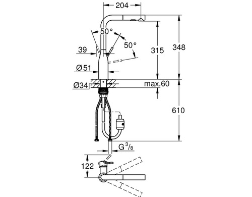מידות ברז נשלף Grohe 30270000 / 30504000 לכיור מטבח NEW Essence | כרום ניקל גרואה