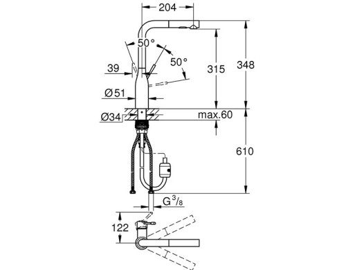 מידות 30270DL0 GROHE | ברז נשלף לכיור מטבח גרואה ESSENCE | פיה מסתובבת | 2 מצבי זרימה.