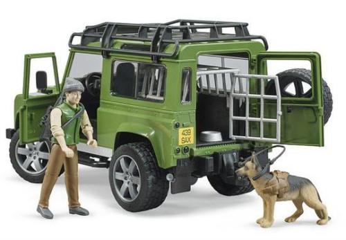 ג'יפ שטח לנדרובר דיפנדר Land Rover Defender כולל דמות שומר יערות וכלב ציד