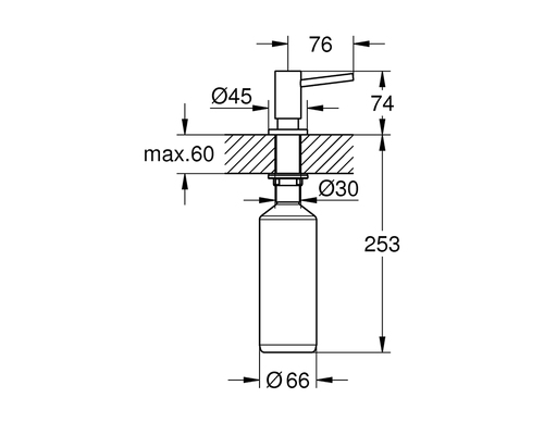 מידות GROHE 40535000 | מתקן סבון נוזלי לברז מטבח גרואה COSMOPOLITAN הכולל משאבה ומיכל סמוי.
