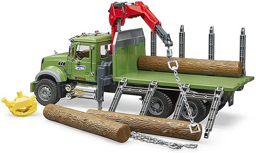 משאית מאק MACK גדולה, ירוקה להובלת עצים עם מנוף עולה יורד ושלושה בולי עץ 