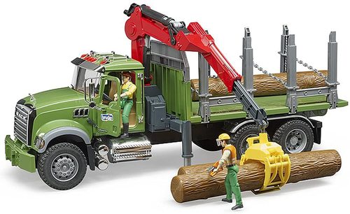 משאית מאק MACK גדולה, ירוקה להובלת עצים עם מנוף עולה יורד ושלושה בולי עץ 