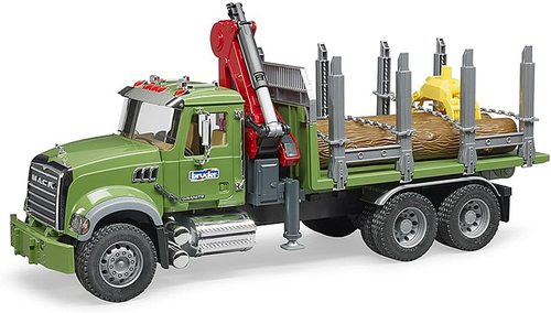 משאית מאק MACK גדולה, ירוקה להובלת עצים עם מנוף עולה יורד ושלושה בולי עץ 