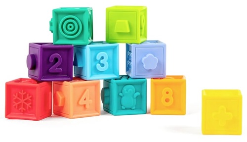 10 קוביות משחק רכות עם מגוון טקסטורות ללימוד צבעים, צורות, חיות ומספרים 
