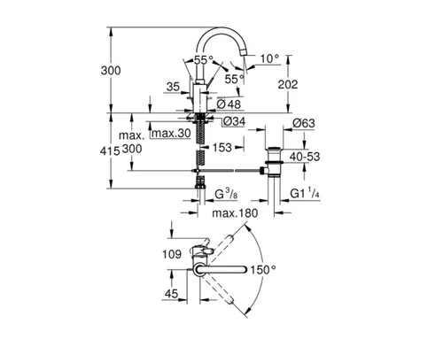 ברז רחצה גרואה EUROSMART COSMOPOLITAN עם פיה מעוצבת בגימור כרום.