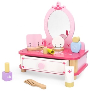 שידת איפור שולחנית לילדים מעץ עם מראה, מגירה נפתחת ו- 7 אביזרי משחק