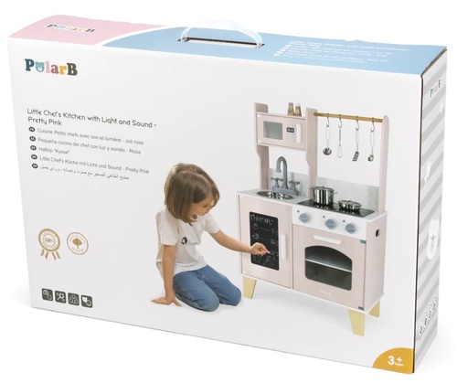 מטבח השף הקטן לילדים עשוי עץ מלא, אורות ואפקטים קוליים, תנור, כיור, כיריים ו 10 אביזרים - ורוד פסטל