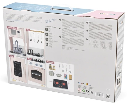 מטבח השף הקטן לילדים עשוי עץ מלא, אורות ואפקטים קוליים, תנור, כיור, כיריים ו 10 אביזרים - ורוד פסטל