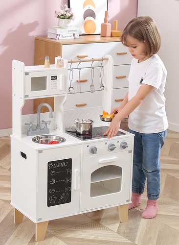 מטבח השף הקטן לילדים עשוי עץ מלא, אורות ואפקטים קוליים, תנור, כיור, כיריים ו 10 אביזרים - לבן